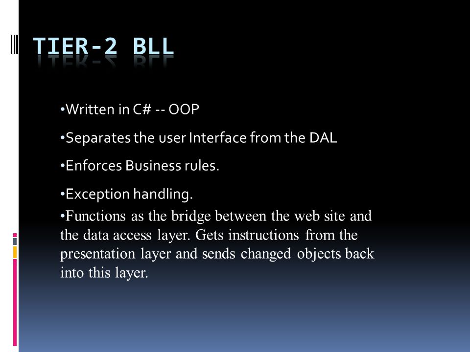 Written in C# -- OOP Separates the user Interface from the DAL Enforces Business rules.