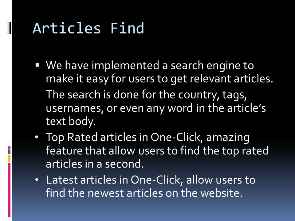 Articles Find  We have implemented a search engine to make it easy for users to get relevant articles.
