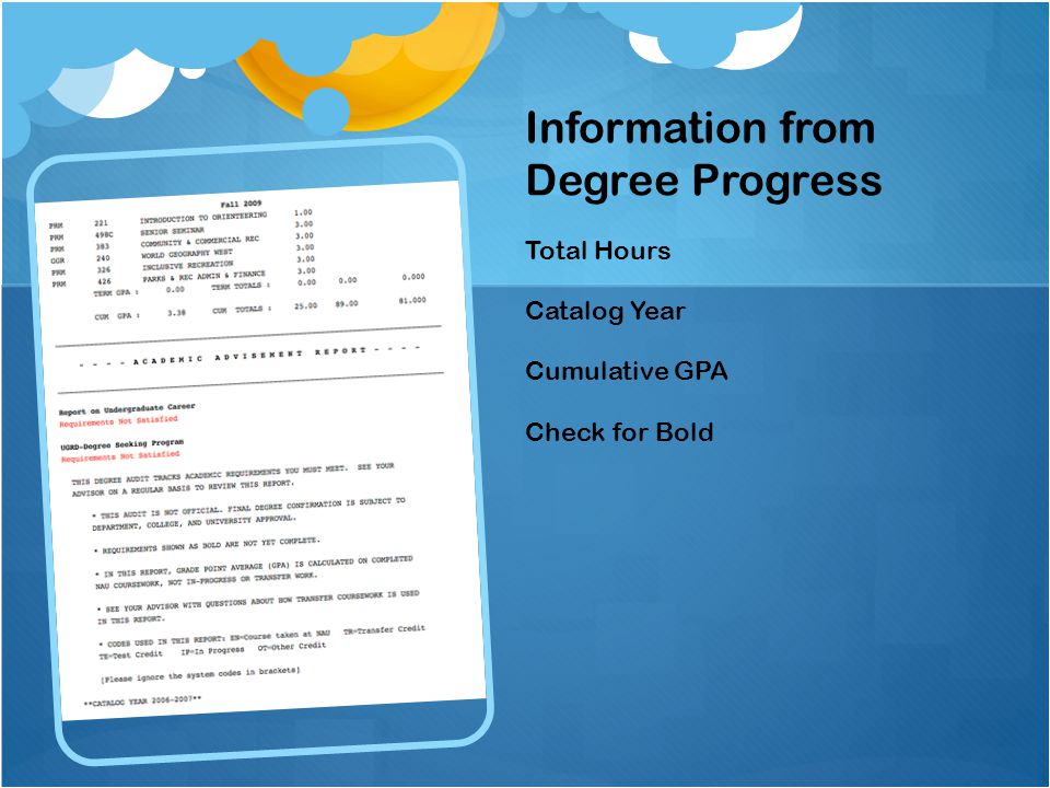 Information from Degree Progress Total Hours Catalog Year Cumulative GPA Check for Bold
