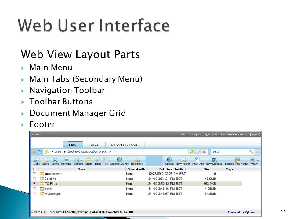 Web View Layout Parts  Main Menu  Main Tabs (Secondary Menu)  Navigation Toolbar  Toolbar Buttons  Document Manager Grid  Footer 13