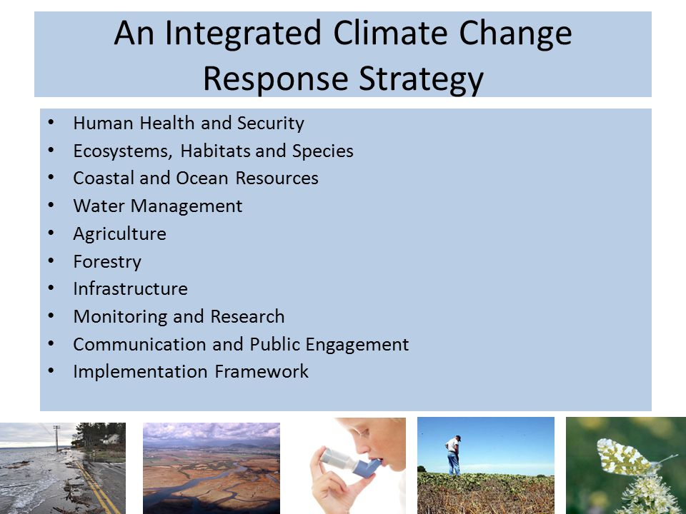 An Integrated Climate Change Response Strategy Human Health and Security Ecosystems, Habitats and Species Coastal and Ocean Resources Water Management Agriculture Forestry Infrastructure Monitoring and Research Communication and Public Engagement Implementation Framework 10