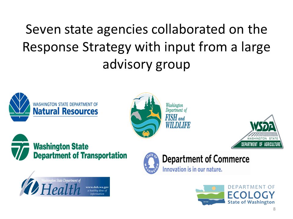 Seven state agencies collaborated on the Response Strategy with input from a large advisory group 8
