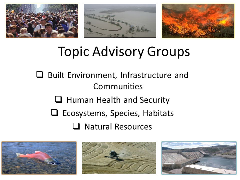 Topic Advisory Groups  Built Environment, Infrastructure and Communities  Human Health and Security  Ecosystems, Species, Habitats  Natural Resources 9