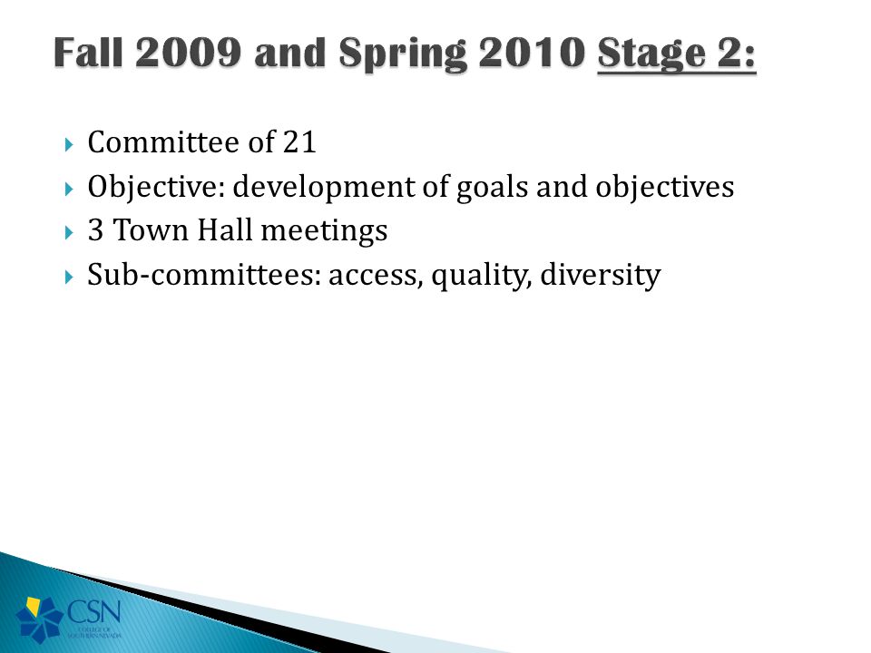  Committee of 21  Objective: development of goals and objectives  3 Town Hall meetings  Sub-committees: access, quality, diversity