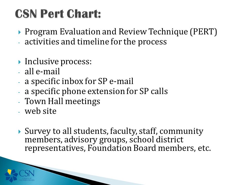  Program Evaluation and Review Technique (PERT) - activities and timeline for the process  Inclusive process: - all  - a specific inbox for SP  - a specific phone extension for SP calls - Town Hall meetings - web site  Survey to all students, faculty, staff, community members, advisory groups, school district representatives, Foundation Board members, etc.