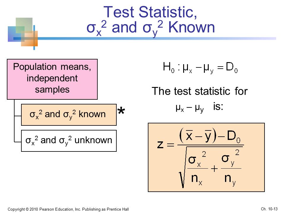 Test Statistic, σ x 2 and σ y 2 Known Copyright © 2010 Pearson Education, Inc.
