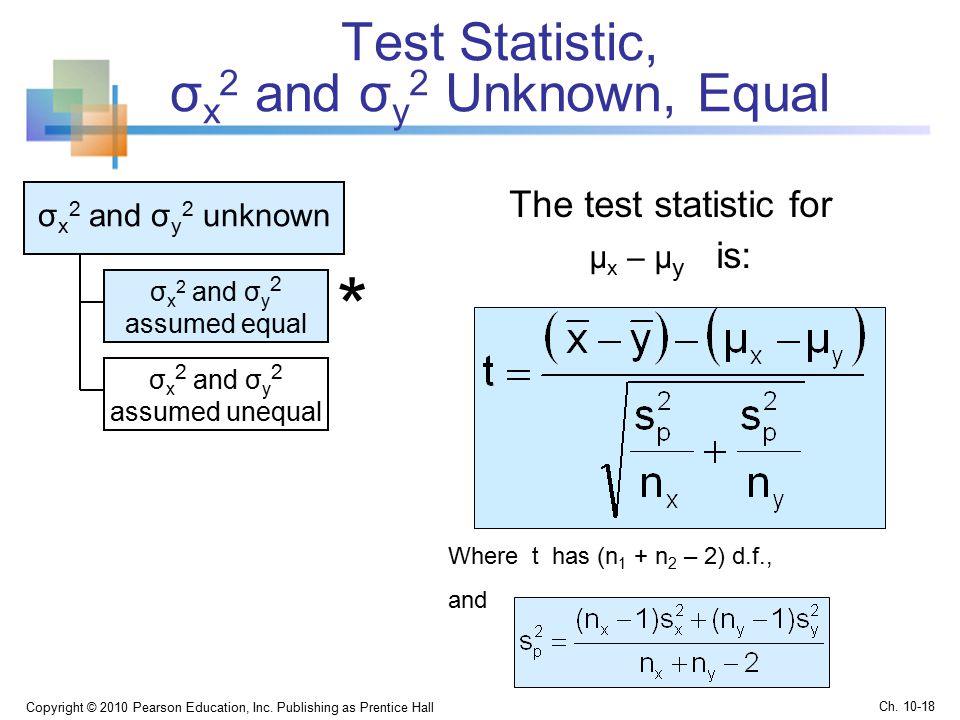Test Statistic, σ x 2 and σ y 2 Unknown, Equal Copyright © 2010 Pearson Education, Inc.