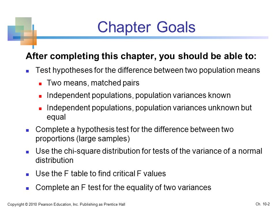 Chapter Goals After completing this chapter, you should be able to: Test hypotheses for the difference between two population means Two means, matched pairs Independent populations, population variances known Independent populations, population variances unknown but equal Complete a hypothesis test for the difference between two proportions (large samples) Use the chi-square distribution for tests of the variance of a normal distribution Use the F table to find critical F values Complete an F test for the equality of two variances Copyright © 2010 Pearson Education, Inc.