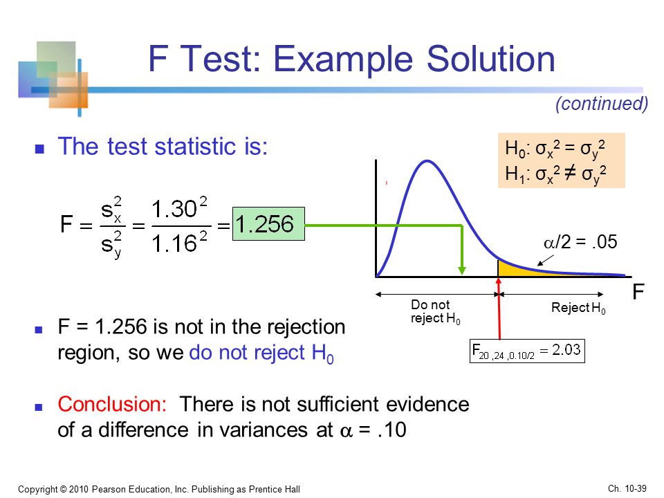 F Test: Example Solution The test statistic is: Copyright © 2010 Pearson Education, Inc.