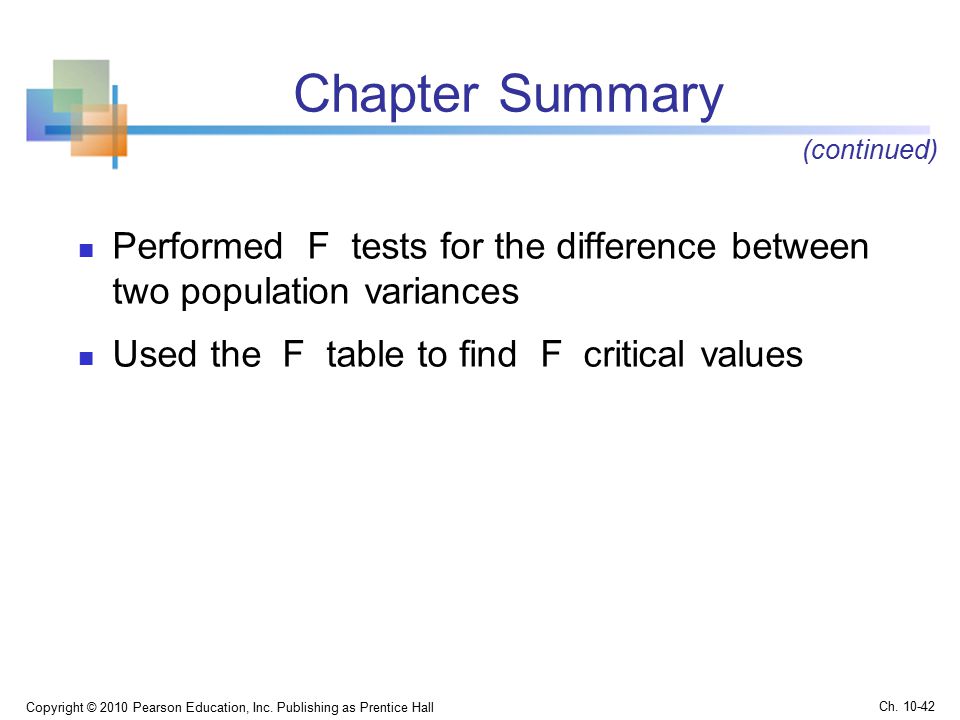 Chapter Summary Performed F tests for the difference between two population variances Used the F table to find F critical values Copyright © 2010 Pearson Education, Inc.