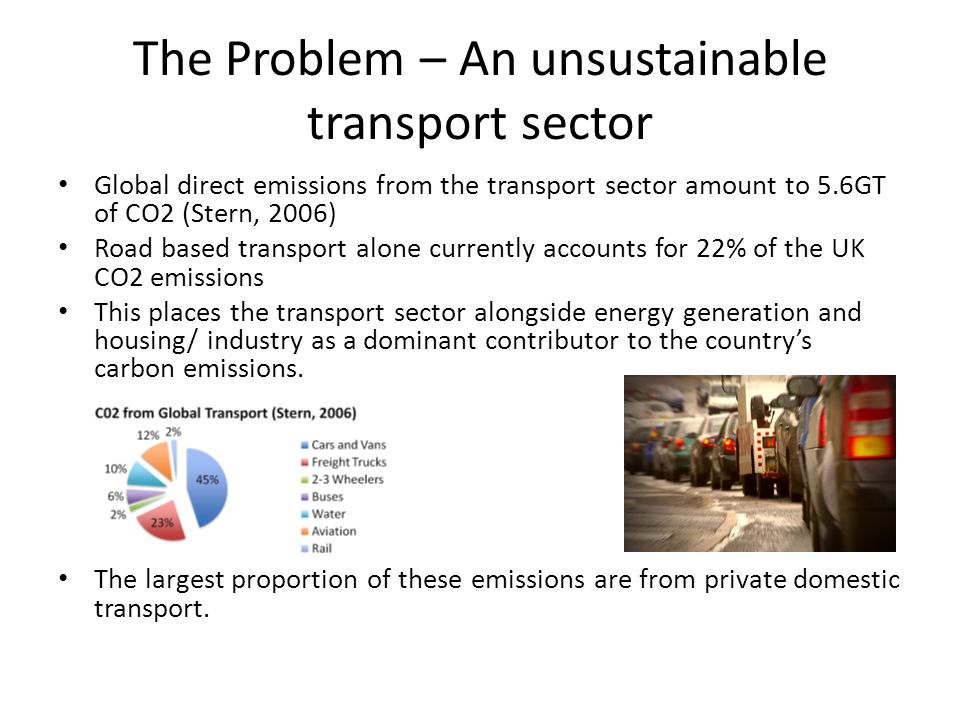 The Problem – An unsustainable transport sector Global direct emissions from the transport sector amount to 5.6GT of CO2 (Stern, 2006) Road based transport alone currently accounts for 22% of the UK CO2 emissions This places the transport sector alongside energy generation and housing/ industry as a dominant contributor to the country’s carbon emissions.