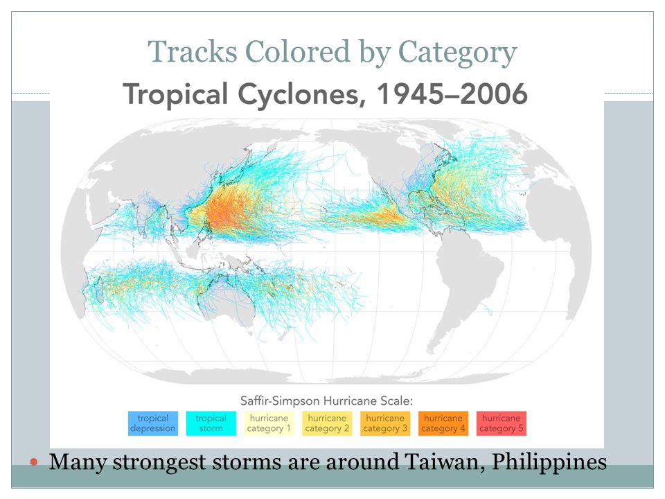 Tracks Colored by Category Many strongest storms are around Taiwan, Philippines