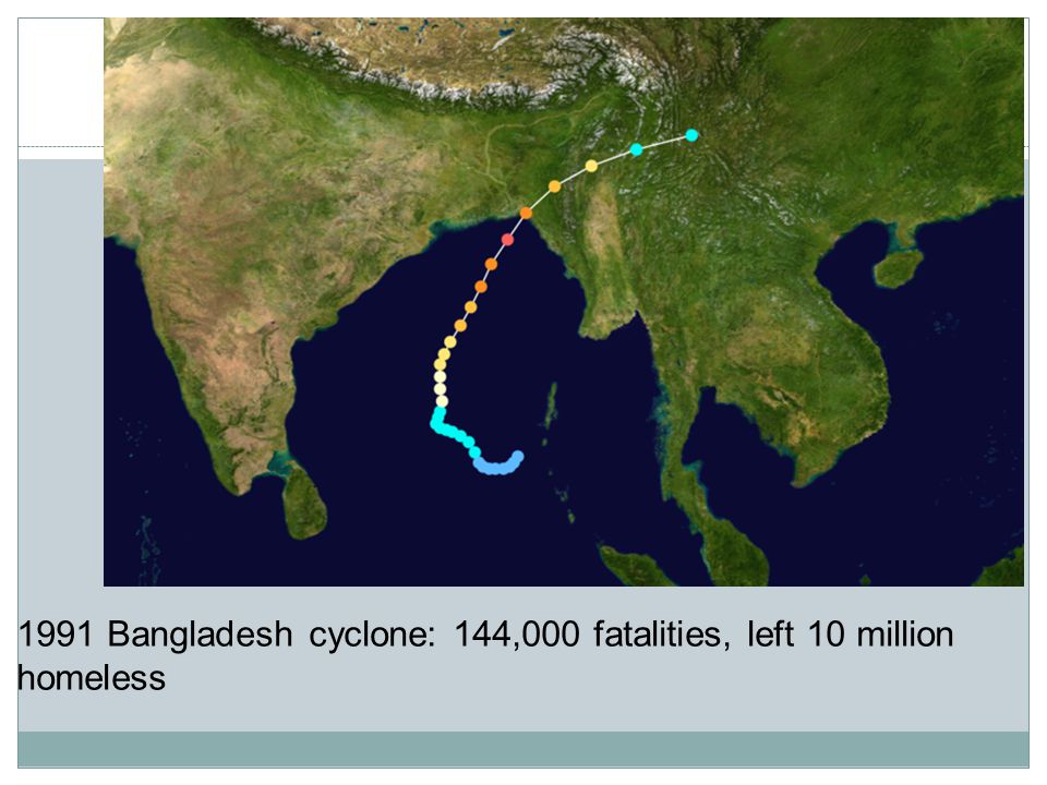 1991 Bangladesh cyclone: 144,000 fatalities, left 10 million homeless