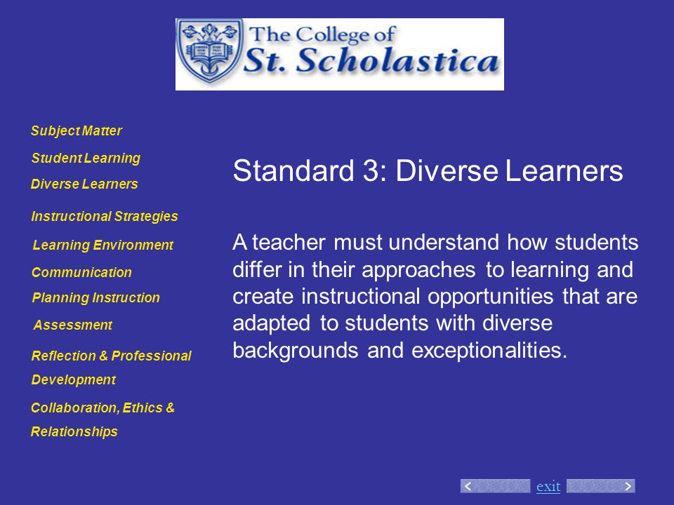 exit Standard 3: Diverse Learners A teacher must understand how students differ in their approaches to learning and create instructional opportunities that are adapted to students with diverse backgrounds and exceptionalities.