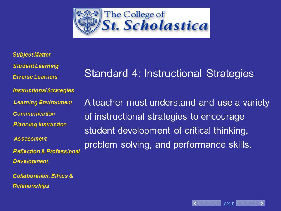 exit Standard 4: Instructional Strategies A teacher must understand and use a variety of instructional strategies to encourage student development of critical thinking, problem solving, and performance skills.