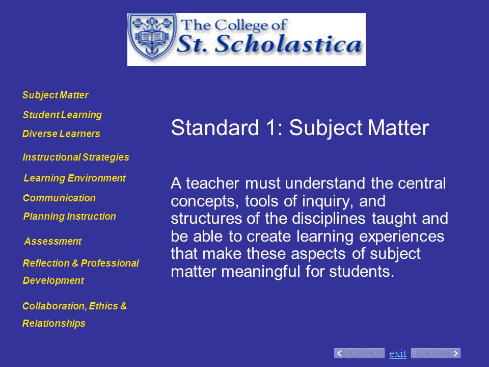 exit Standard 1: Subject Matter A teacher must understand the central concepts, tools of inquiry, and structures of the disciplines taught and be able to create learning experiences that make these aspects of subject matter meaningful for students.