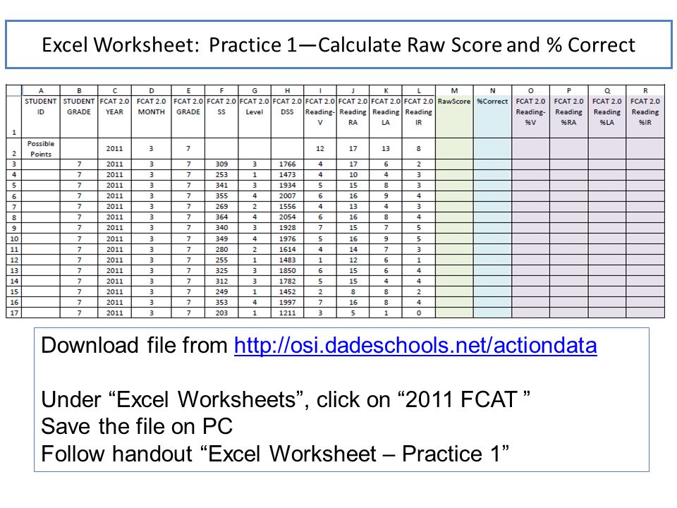 Excel Worksheet: Practice 1—Calculate Raw Score and % Correct Download file from   Under Excel Worksheets , click on 2011 FCAT Save the file on PC Follow handout Excel Worksheet – Practice 1