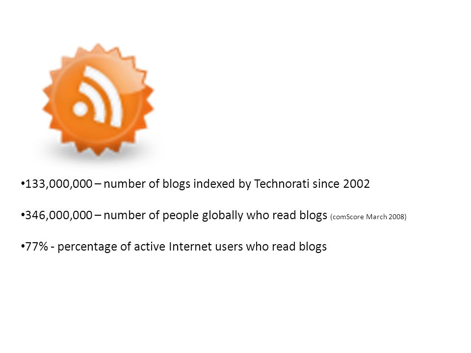 133,000,000 – number of blogs indexed by Technorati since ,000,000 – number of people globally who read blogs (comScore March 2008) 77% - percentage of active Internet users who read blogs