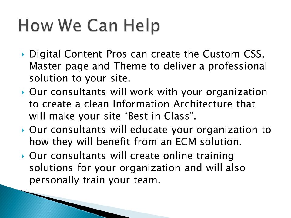  Digital Content Pros can create the Custom CSS, Master page and Theme to deliver a professional solution to your site.