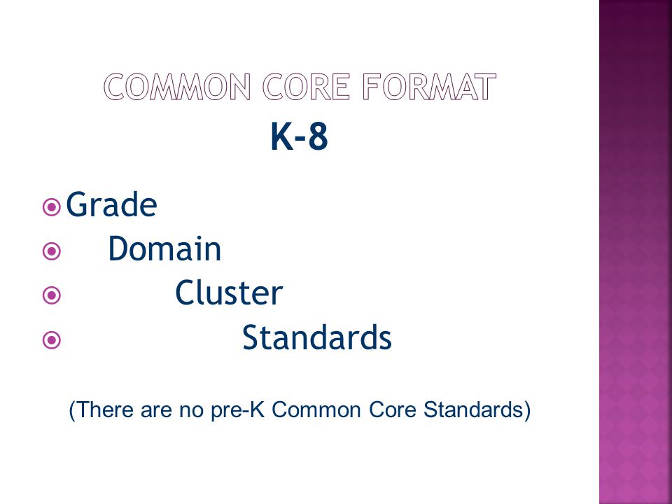 K-8  Grade  Domain  Cluster  Standards (There are no pre-K Common Core Standards) ommoCor Format