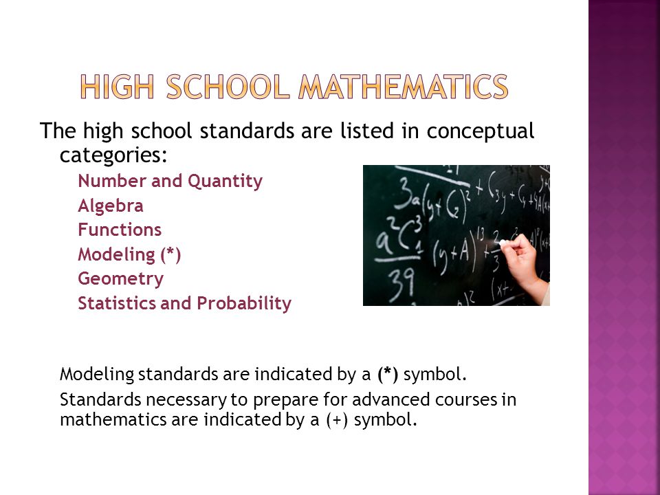 The high school standards are listed in conceptual categories: Number and Quantity Algebra Functions Modeling (*) Geometry Statistics and Probability Modeling standards are indicated by a (*) symbol.