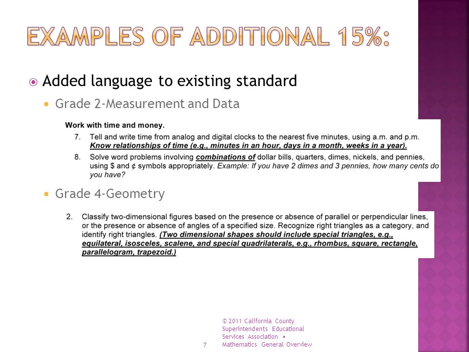 Added language to existing standard  Grade 2-Measurement and Data  Grade 4-Geometry 7 © 2011 California County Superintendents Educational Services Association Mathematics General Overview