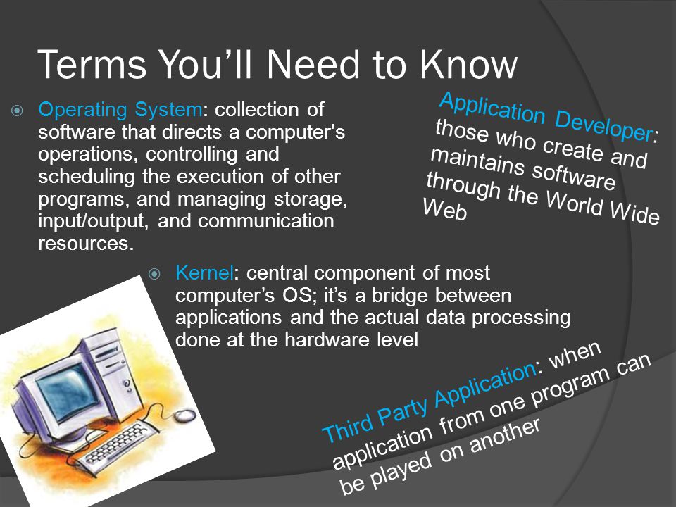 Terms You’ll Need to Know  Operating System: collection of software that directs a computer s operations, controlling and scheduling the execution of other programs, and managing storage, input/output, and communication resources.