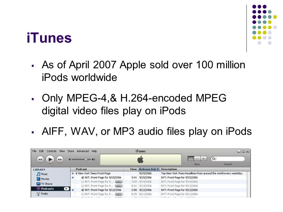 iTunes  As of April 2007 Apple sold over 100 million iPods worldwide  Only MPEG-4,& H.264-encoded MPEG digital video files play on iPods  AIFF, WAV, or MP3 audio files play on iPods