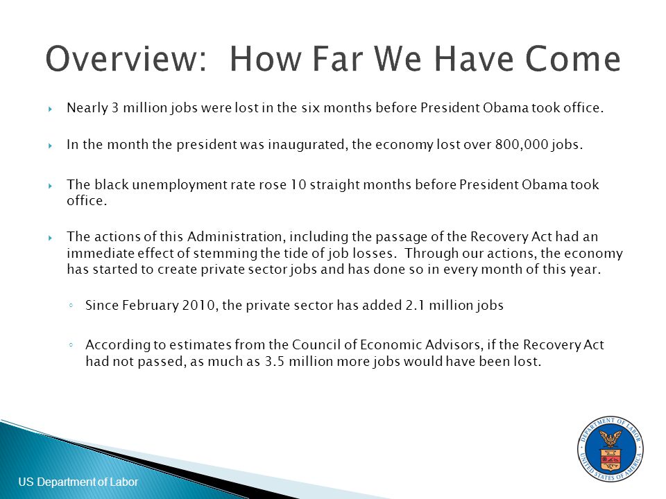 US Department of Labor  Nearly 3 million jobs were lost in the six months before President Obama took office.