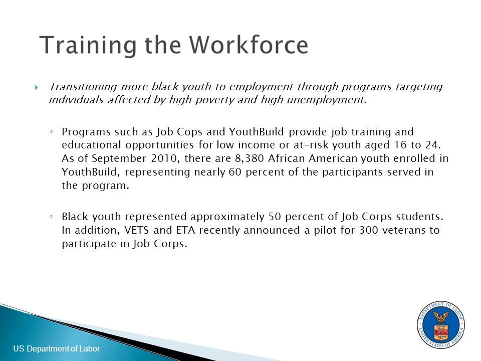 US Department of Labor  Transitioning more black youth to employment through programs targeting individuals affected by high poverty and high unemployment.