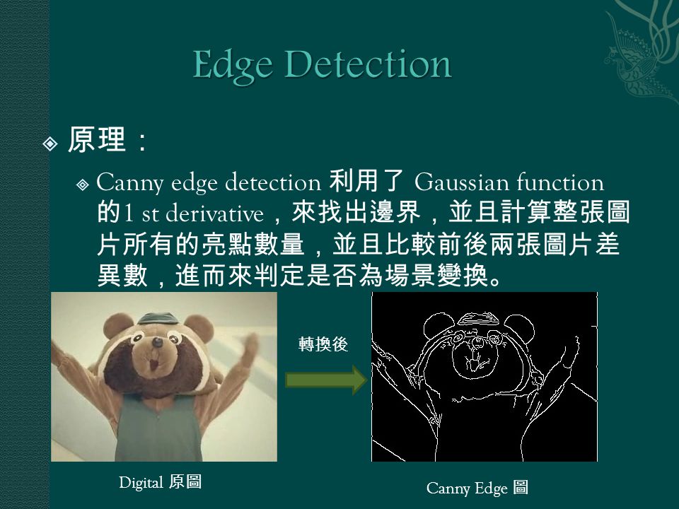 原理：  Canny edge detection 利用了 Gaussian function 的 1 st derivative ，來找出邊界，並且計算整張圖 片所有的亮點數量，並且比較前後兩張圖片差 異數，進而來判定是否為場景變換。 Digital 原圖 Canny Edge 圖 轉換後