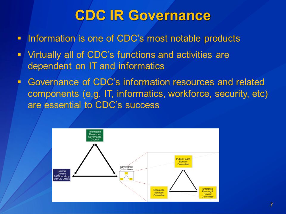 7 CDC IR Governance  Information is one of CDC’s most notable products  Virtually all of CDC’s functions and activities are dependent on IT and informatics  Governance of CDC’s information resources and related components (e.g.