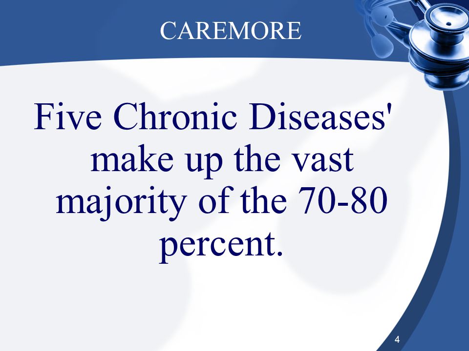 4 CAREMORE Five Chronic Diseases make up the vast majority of the percent.
