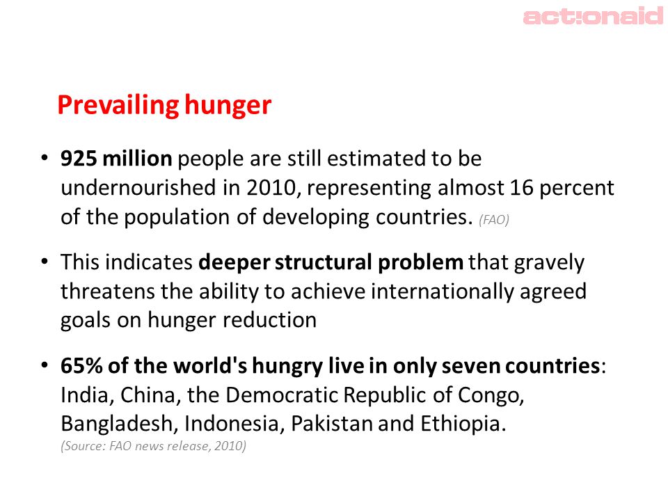 Prevailing hunger 925 million people are still estimated to be undernourished in 2010, representing almost 16 percent of the population of developing countries.