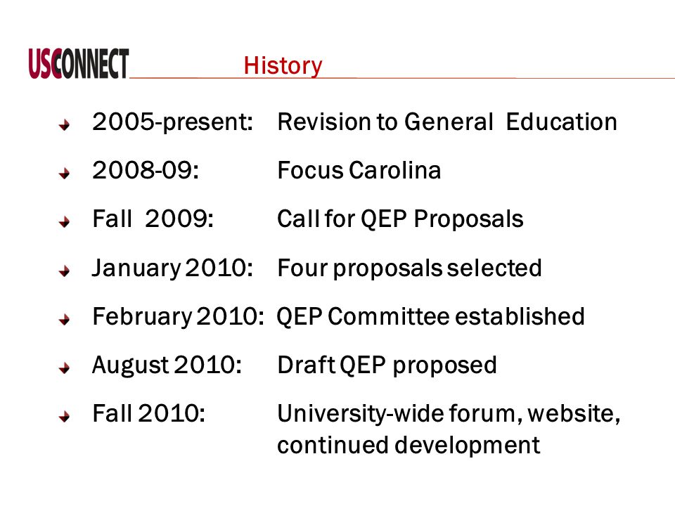 History 2005-present: Revision to General Education :Focus Carolina Fall 2009:Call for QEP Proposals January 2010: Four proposals selected February 2010: QEP Committee established August 2010: Draft QEP proposed Fall 2010:University-wide forum, website, continued development