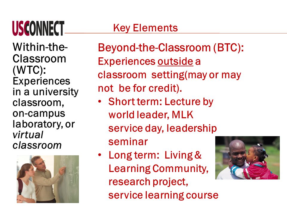 Key Elements Within-the- Classroom (WTC): Experiences in a university classroom, on-campus laboratory, or virtual classroom Beyond-the-Classroom (BTC): Experiences outside a classroom setting(may or may not be for credit).