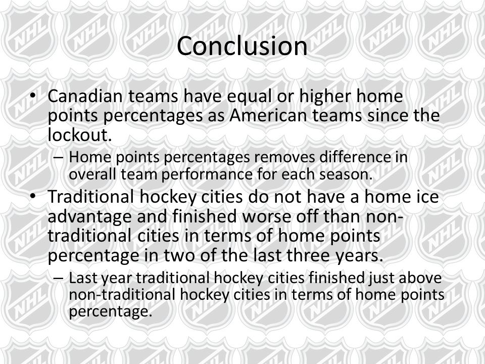 Conclusion Canadian teams have equal or higher home points percentages as American teams since the lockout.