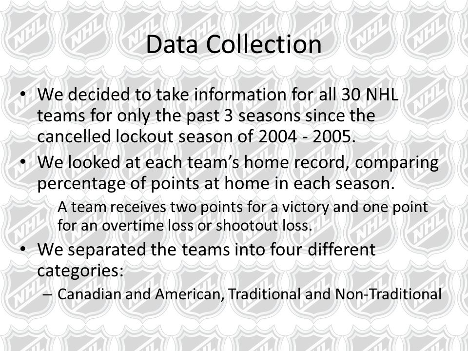 Data Collection We decided to take information for all 30 NHL teams for only the past 3 seasons since the cancelled lockout season of