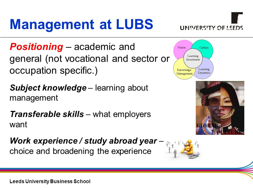 Leeds University Business School Positioning – academic and general (not vocational and sector or occupation specific.) Subject knowledge – learning about management Transferable skills – what employers want Work experience / study abroad year – choice and broadening the experience Management at LUBS