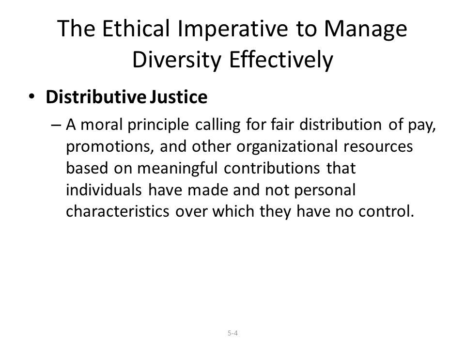 The Ethical Imperative to Manage Diversity Effectively Distributive Justice – A moral principle calling for fair distribution of pay, promotions, and other organizational resources based on meaningful contributions that individuals have made and not personal characteristics over which they have no control.