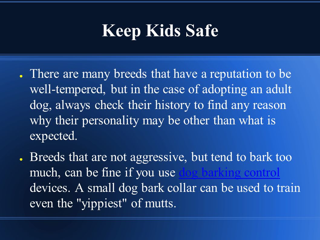 Keep Kids Safe ● There are many breeds that have a reputation to be well-tempered, but in the case of adopting an adult dog, always check their history to find any reason why their personality may be other than what is expected.
