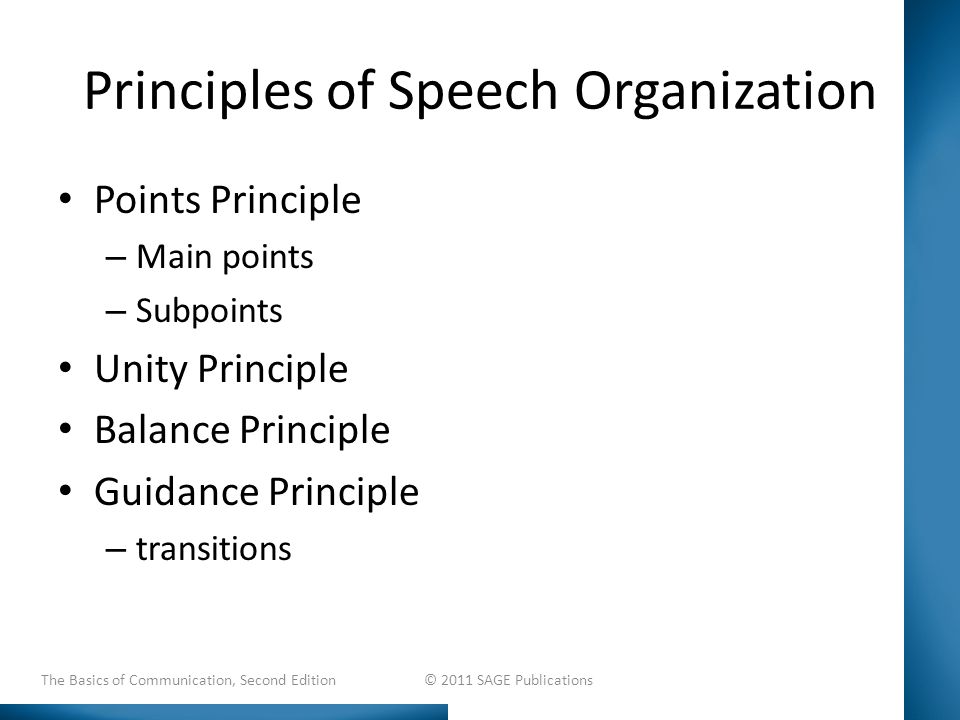Principles of Speech Organization Points Principle – Main points – Subpoints Unity Principle Balance Principle Guidance Principle – transitions The Basics of Communication, Second Edition © 2011 SAGE Publications
