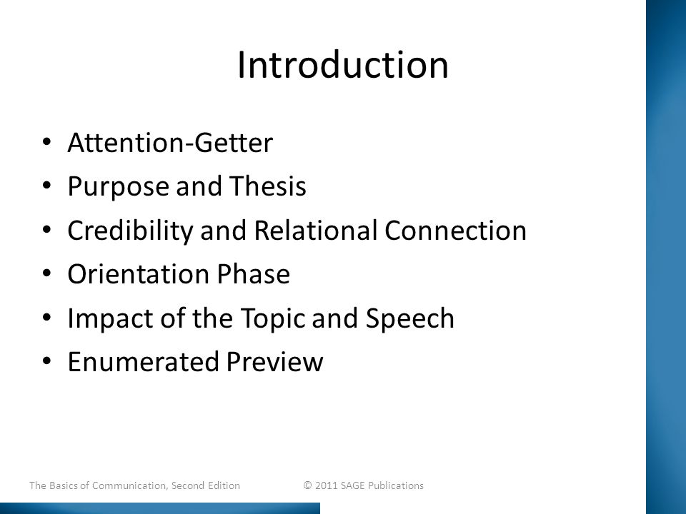 Introduction Attention-Getter Purpose and Thesis Credibility and Relational Connection Orientation Phase Impact of the Topic and Speech Enumerated Preview The Basics of Communication, Second Edition © 2011 SAGE Publications