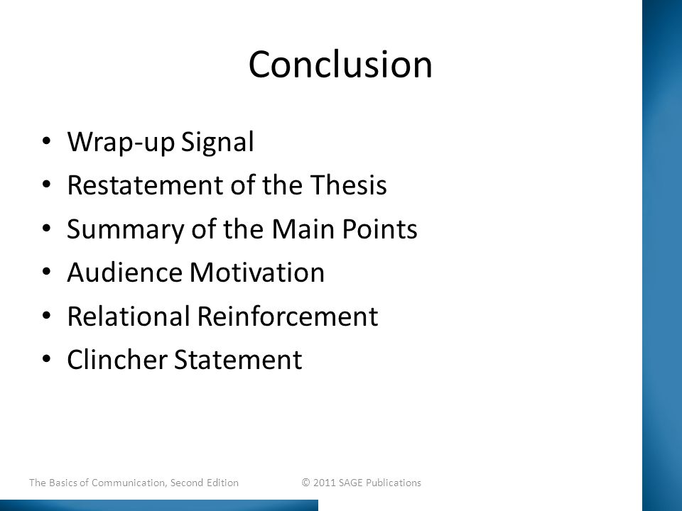 Conclusion Wrap-up Signal Restatement of the Thesis Summary of the Main Points Audience Motivation Relational Reinforcement Clincher Statement The Basics of Communication, Second Edition © 2011 SAGE Publications