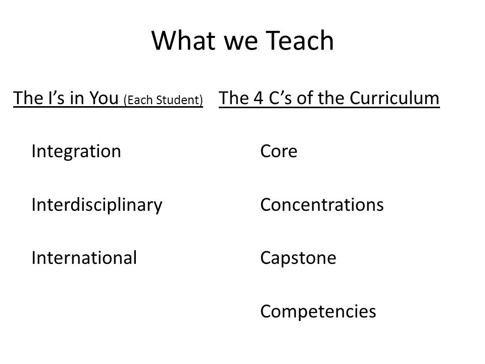 What we Teach The I’s in You (Each Student) The 4 C’s of the Curriculum Integration Core Interdisciplinary Concentrations International Capstone Competencies