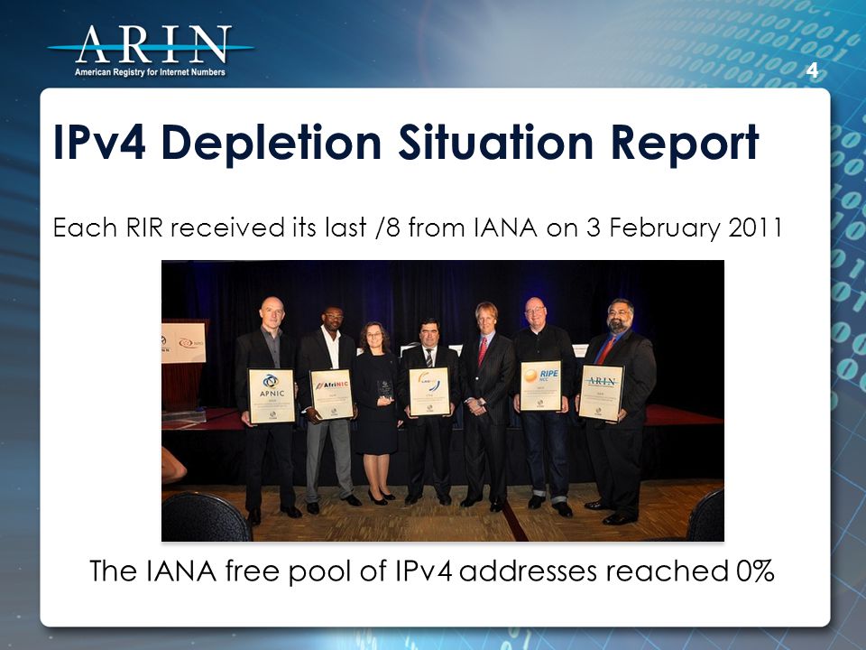 IPv4 Depletion Situation Report Each RIR received its last /8 from IANA on 3 February The IANA free pool of IPv4 addresses reached 0%