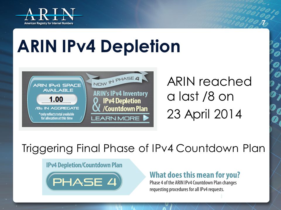 ARIN IPv4 Depletion ARIN reached a last /8 on 23 April Triggering Final Phase of IPv4 Countdown Plan