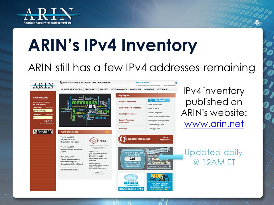 ARIN’s IPv4 Inventory ARIN still has a few IPv4 addresses remaining 8 IPv4 inventory published on ARIN’s website:     Updated 12AM ET