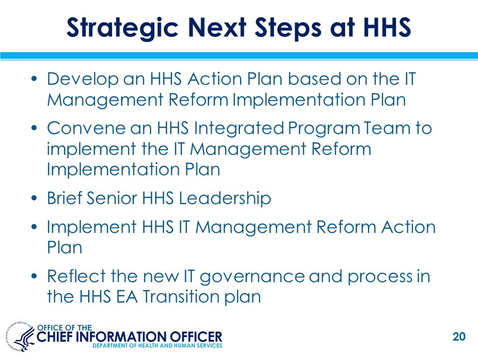 Strategic Next Steps at HHS Develop an HHS Action Plan based on the IT Management Reform Implementation Plan Convene an HHS Integrated Program Team to implement the IT Management Reform Implementation Plan Brief Senior HHS Leadership Implement HHS IT Management Reform Action Plan Reflect the new IT governance and process in the HHS EA Transition plan 20