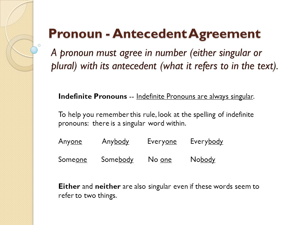Pronoun - Antecedent Agreement A pronoun must agree in number (either singular or plural) with its antecedent (what it refers to in the text).